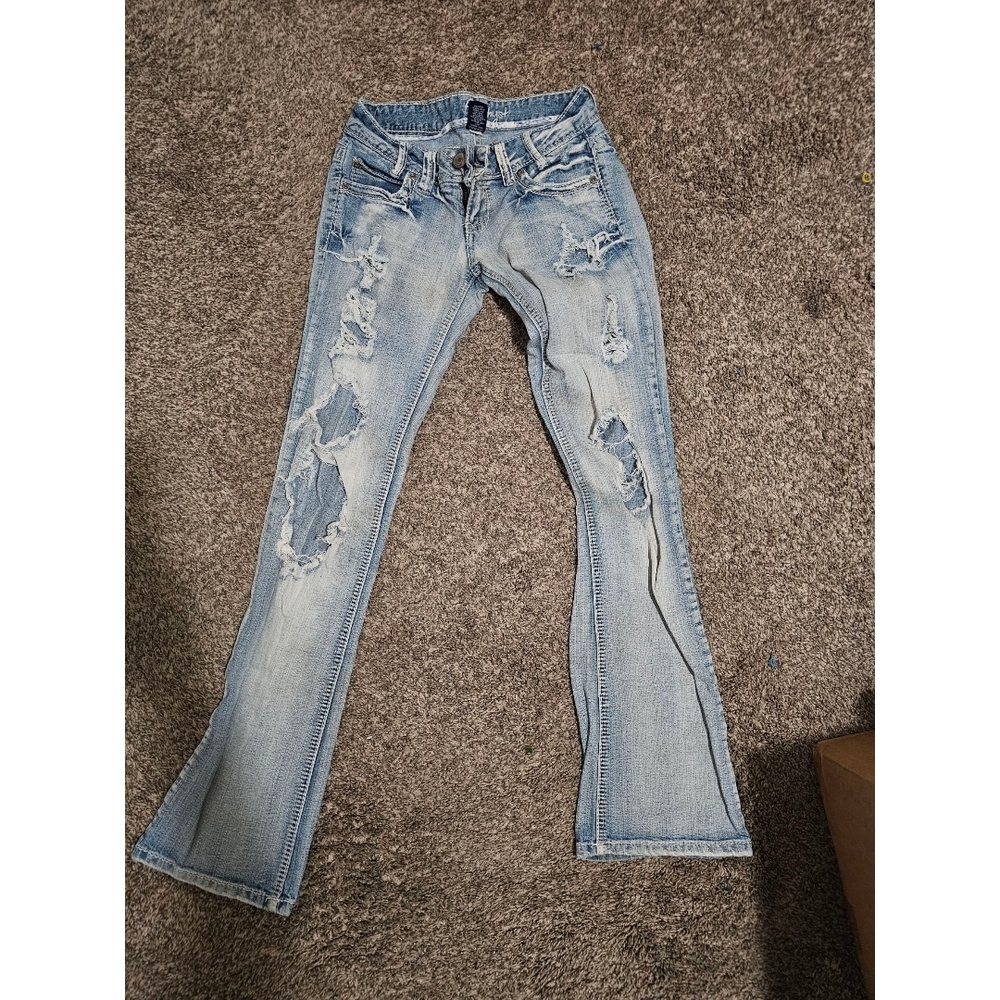 Amethyst Jeans Light Blue Distressed Flare Jeans
